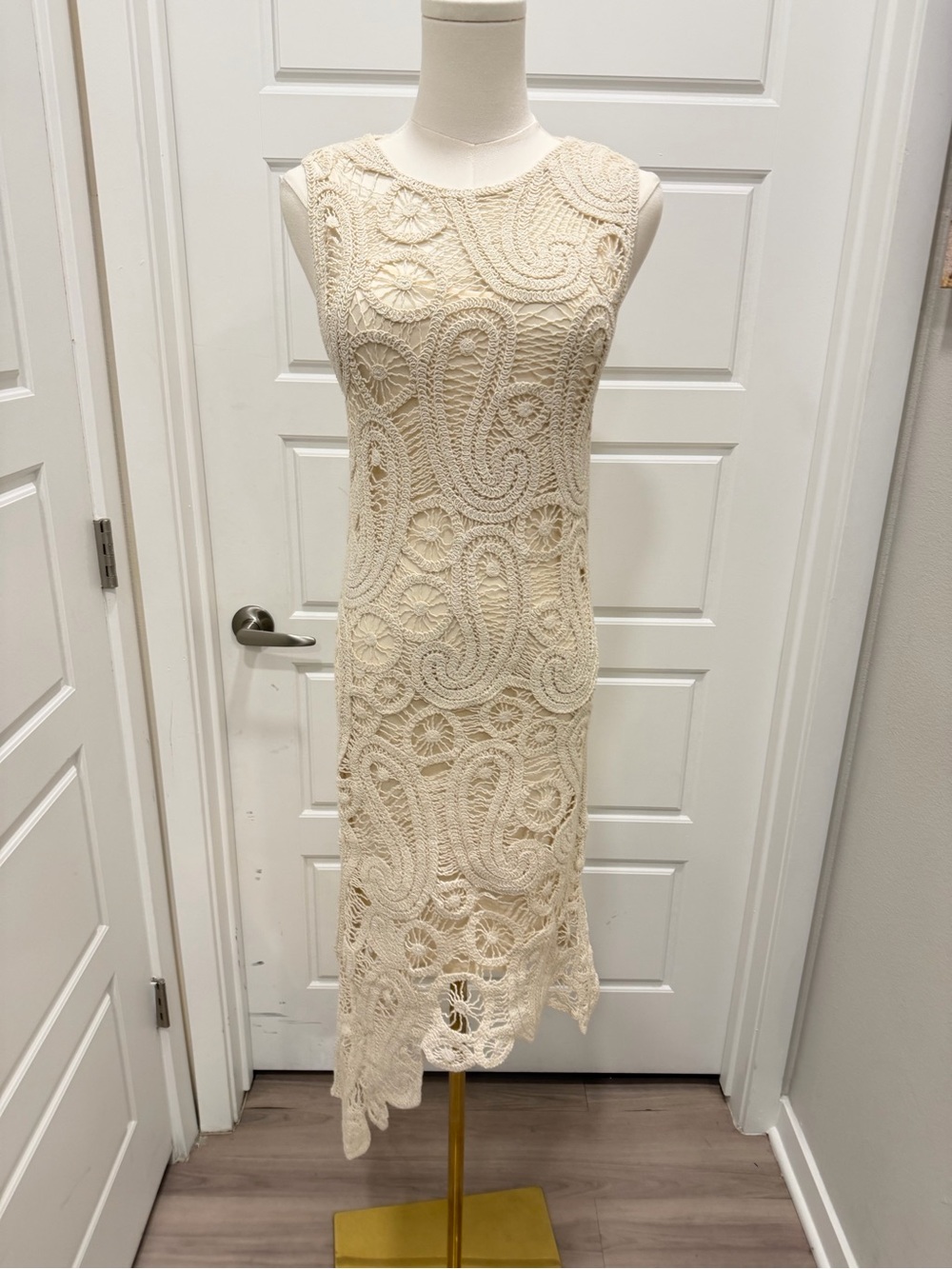 Zara Asymmetrical Crochet Midi Dress in Straw - Picture 3 of 12